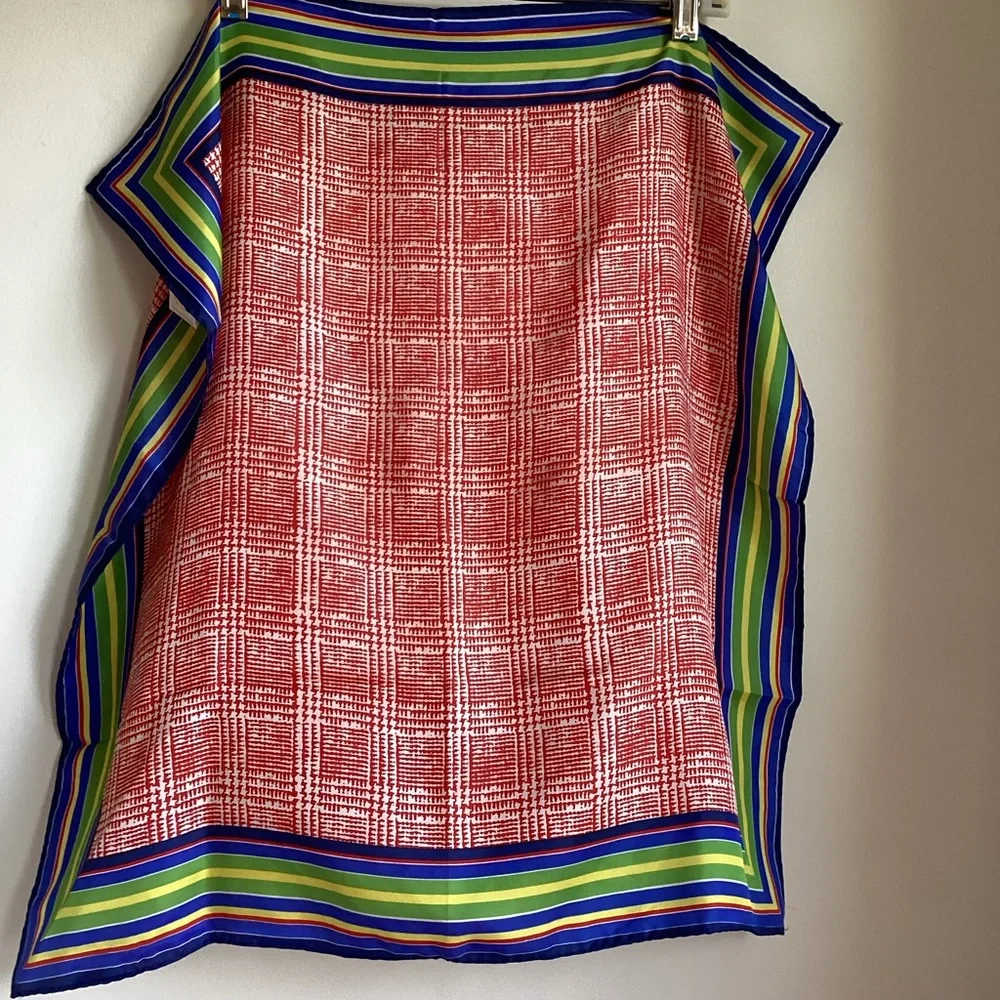 Glentex Scarf Made in Japan Square Red Houndstooth Multicolor Stripe Vintage